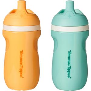 Tommee Tippee Insulated 9oz Sporty Spout Toddler Water Bottle, No Spill, Sippy Cups for Toddlers 1-3, Two-Piece Valve Helps Stop Spills, Light Blue & Orange, BPA Free, Pack of 2