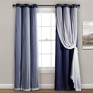 Lush Decor Sheer Grommet Curtains With Insulated Blackout Lining, Window Curtain Panels, Pair, 38"W x 84"L, Navy - Curtain With Sheer Overlay, Elegant Blackout Curtains for Bedroom 1 Pack