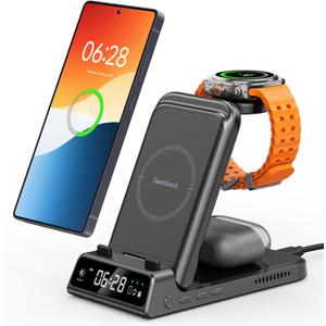 Charging Station for Samsung, SwanScout 703S, Wireless Charger for Galaxy S25 Ultra/S25+/S25/S25 Edge/S24 Ultra/S24+/S24/S23, Galaxy Watch 8/8 Classic/Ultra/7/6/5, Galaxy Buds 3 Pro/3 (No Adapter) (Black)