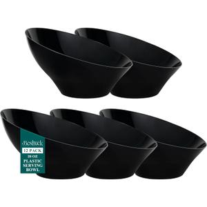 12pack Black Angled Plastic Bowls,20oz Salad Serving Bowls,Plastic Serving Bowl for Wedding, Party, Halloween, Catering