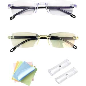 2 Pcs Auto Focus Glasses Self Adjusting, Intelligent Dual Focusing Eyeglasses Smart Zoom Reading Anti-Blue Presbyopia Glass Look Far And Near For Men Women With Case And Glasses Cloth (Yellow+White)