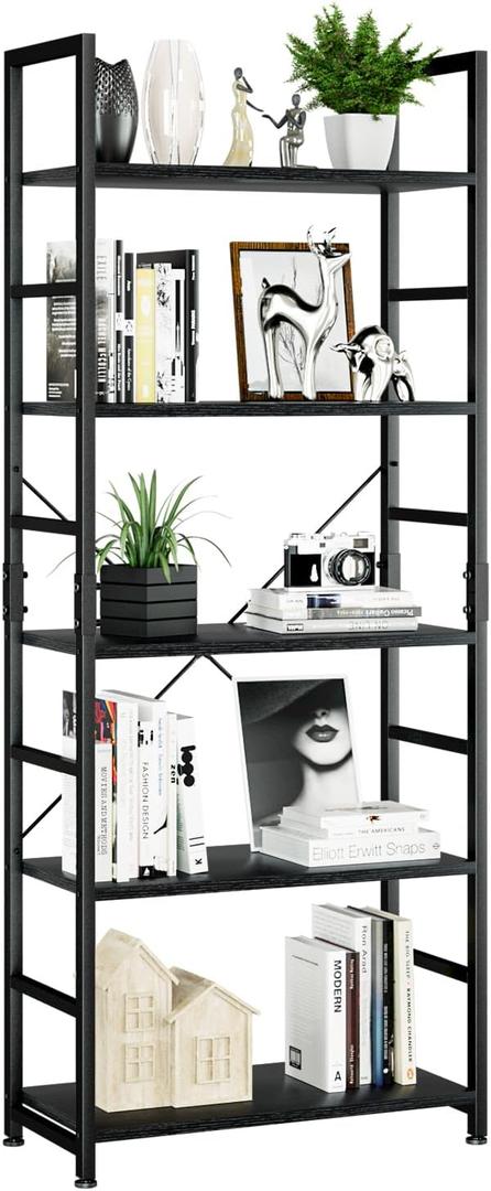 NUMENN 5 Tier Bookshelf, Tall Bookcase Shelf Storage Organizer, Modern Book Shelf for Bedroom, Living Room and Home Office, Black