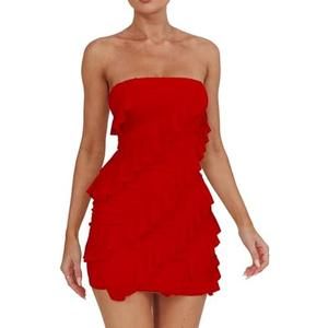 HOCILLE Women's Sexy Strapless Tube Top Bodycon Sleeveless Ruffle Mini Party Dress, Size Large