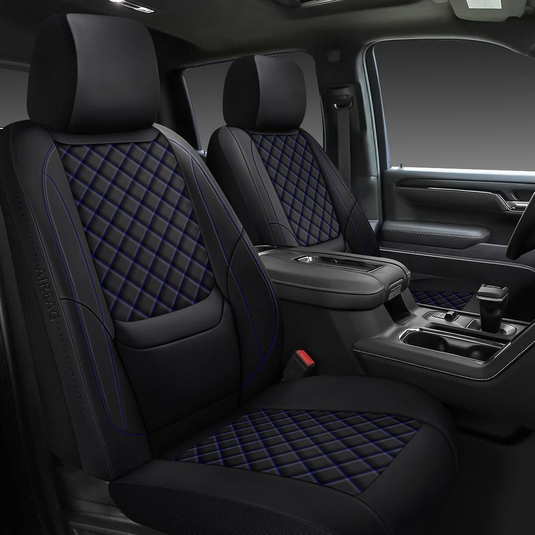 Silverado Seat Covers 2007-2026 Full Set, Truck Interior Sets Custom Fit for Chevy Chevrolet Silverado GMC Sierra 1500/2500/3500HD Crew/Double/Extended Cab with Lumbar Support, Black Blue
