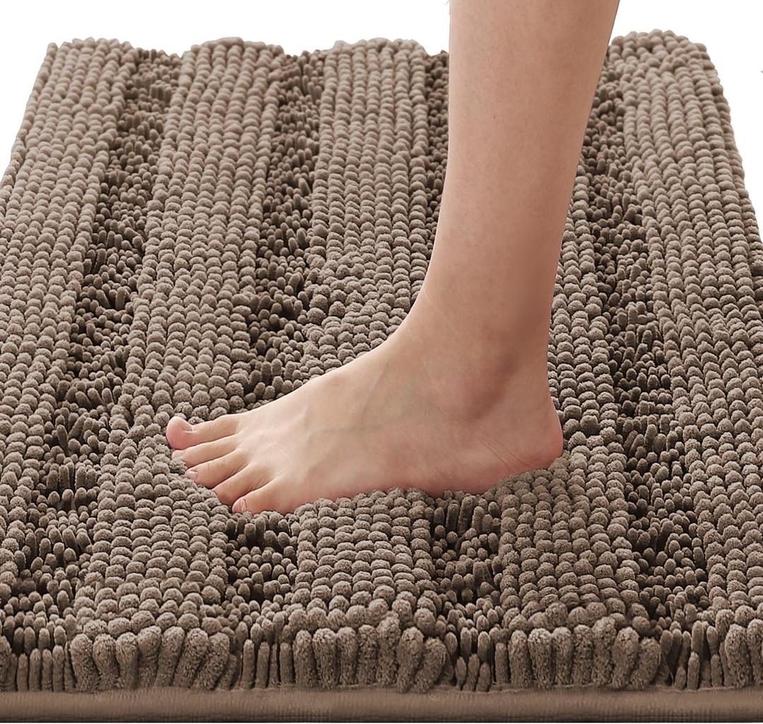 H.VERSAILTEX Bathroom Rugs Bath Rugs for Bathroom Non Slip Bath Mats Extra Thick Chenille Striped Rug 17" x 24" Absorbent Soft Shaggy Washable Dry Fast Bath Mats for Bathroom Floor - Taupe Brown