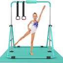 RINREA Gymnastic Bars for Kids with Adjustable Height, Folding Gymnastic Training Kip Bar, Expandable Horizontal Bar for Home (Green with Mat)