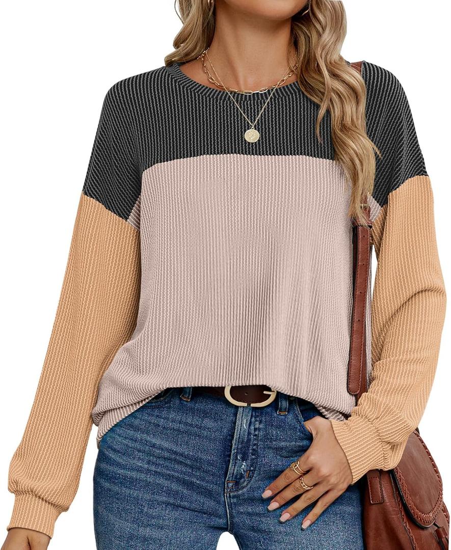 LOLILRSD Womens Long Sleeve Tops Crewneck Casual 2025 Fall Shirts Color Block Loose Tunic Tops (X-Large, Black)