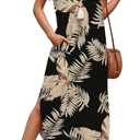 WIHOLL Women's Summer Short Sleeve Dresses Maxi Dress Vacation Beach Sundresses 2026 with Pockets (Large, Floral Black Leaves)