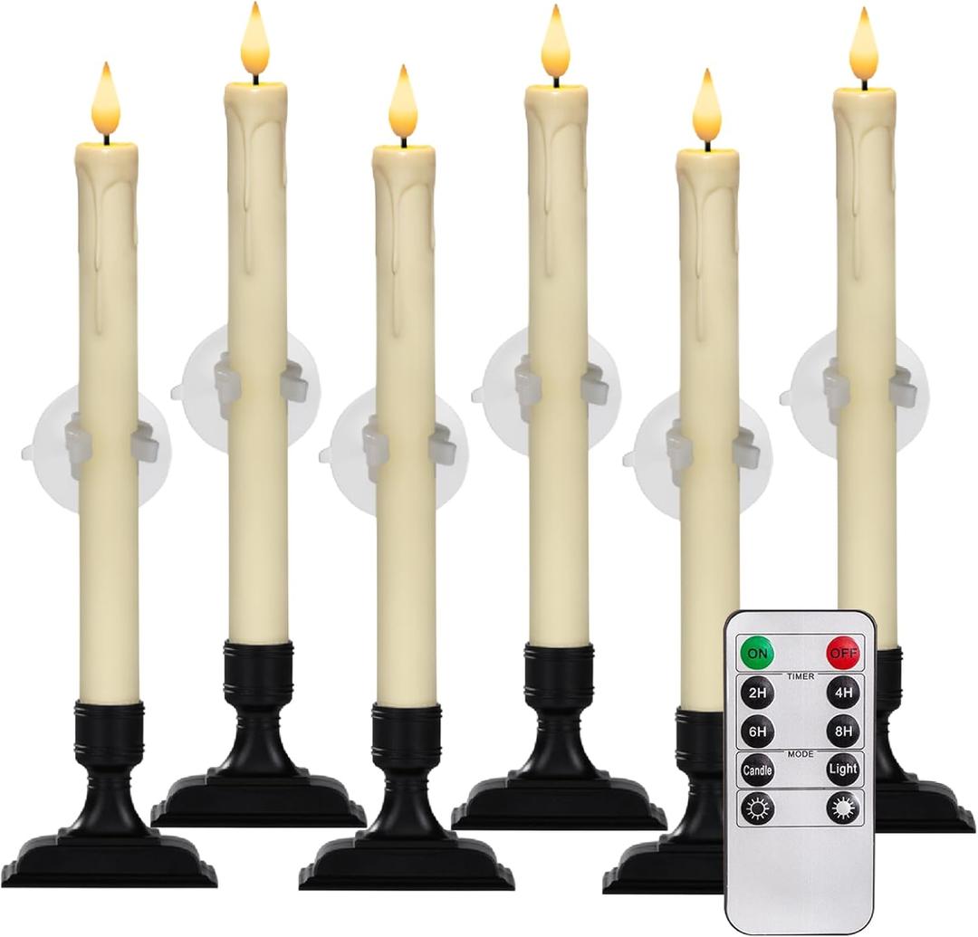 Homemory 6 Pcs Window Candles with Remote Timer Dimmer, Christmas Candles for Window Battery Operated, Ivory Flameless Taper Candle with Holders and Suctions, LED Candlesticks for Xmas Holiday Decor, Ivory Candles