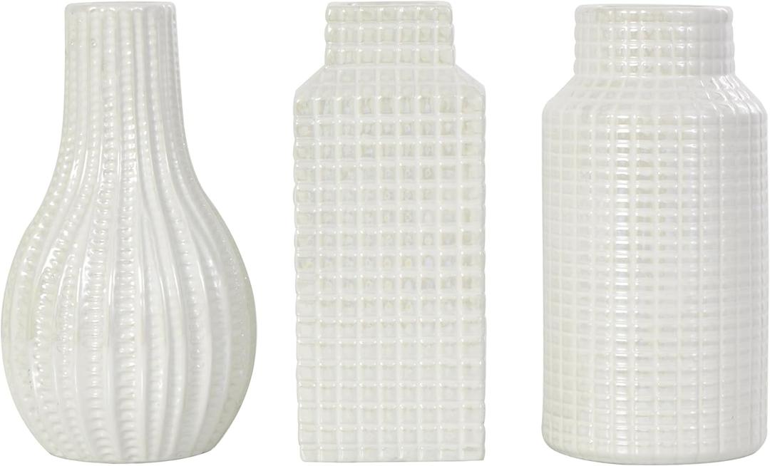 Deco 79 Ceramic Geometric Decorative Vase Dimensional Textured Centerpiece Vases with Varying Shapes and Grid Patterns, Set of 3 Flower Vases for Home Decoration 3" W, 8" H, Cream Deco 79 Ceramic Geometric Decorative Vase Dimensional Textured Centerpiece Vases with Varying Shapes and Grid Patterns, Set of 3 Flower Vases for Home Decoration 3" W, 8" H, Cream