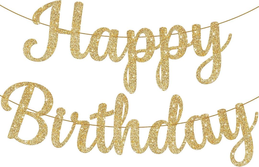 KatchOn, Glitter Gold Happy Birthday Banner - Pre-Strung 10 Feet, Happy Birthday Sign for Women Men Boys and Girls Gold Birthday Decorations