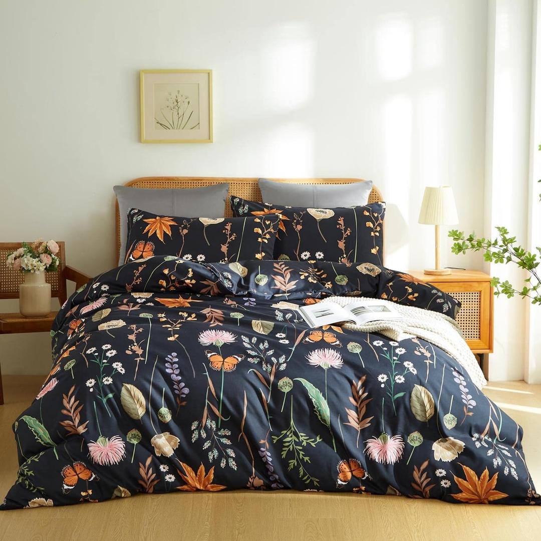Floral Duvet Cover King Size Black Comforter Cover with Colorful Botanical Yellow Butterfly Printed 3 Pieces Soft Microfiber Bedding Set with Zipper Ties Home Deco