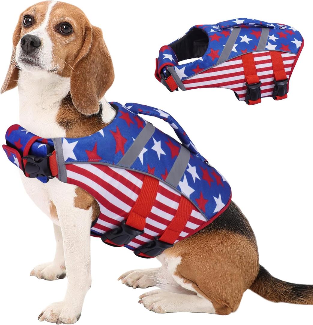 Kuoser Dog Life Jacket XL, American Flag Large Dog Life Vests for Swimming Boating, Reflective Dog Water Vest with High Flotation, Dog Swim Vest for Large Dogs