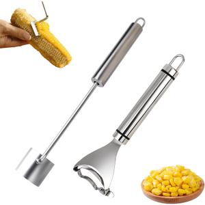 2 Pack Corn Peeler on the Cob, 2 Styles Stainless Steel Corn Stripper with Long Handle, Easy to Clean, Metal Popcorn Cutter Tool for Home Kitchen Meal Prep BBQ and Outdoor Use