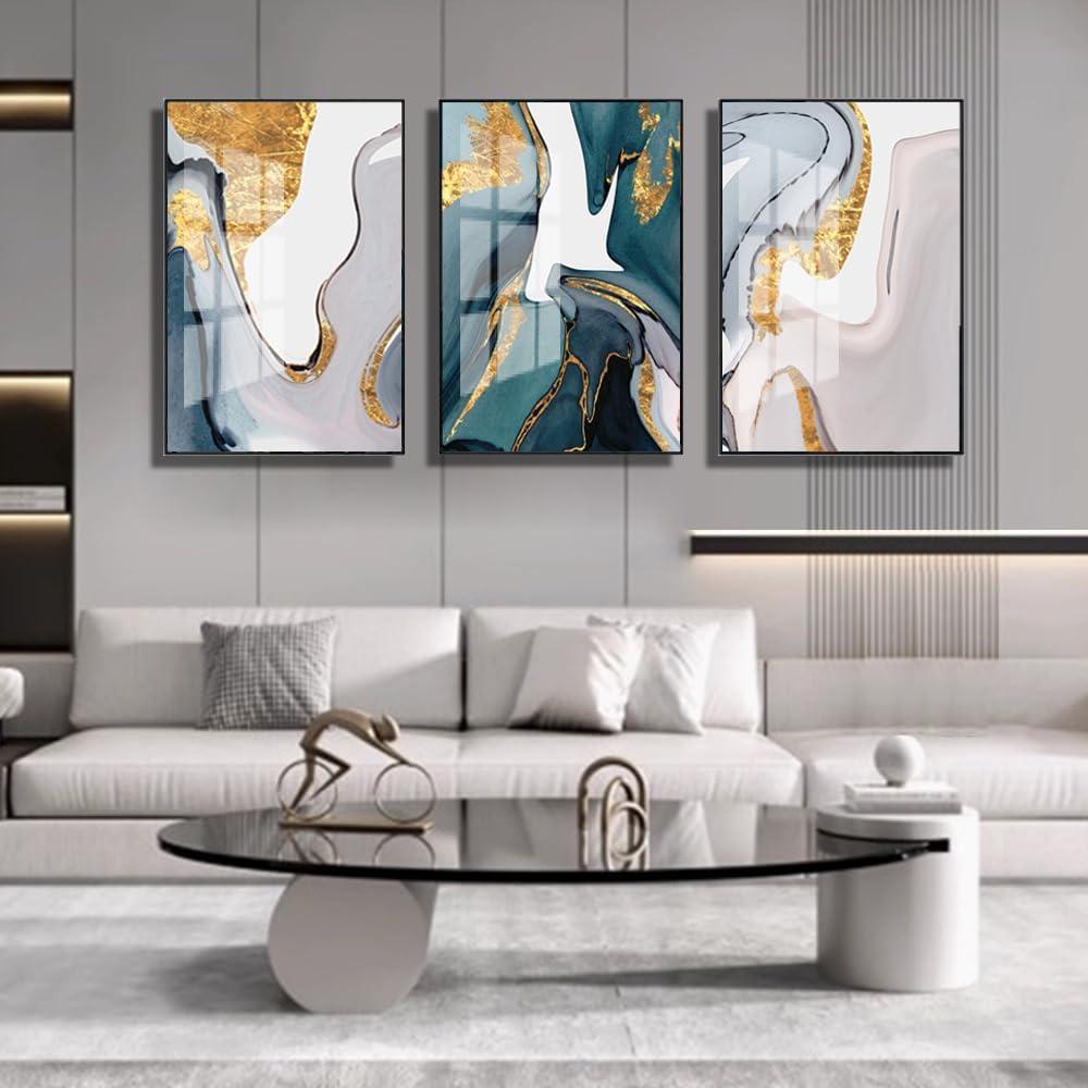 VARUFLY Bright Framed Wall Art Emerald Green and Gold Gray Modem Abstract Canvas Wall Art Paintings Prints Posters Wall Decor Pictures for Living Room Bedroom Office Home Decoration Set of 3 16X 24