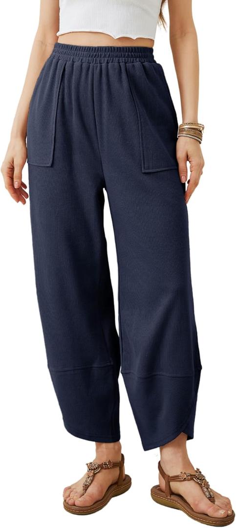 Xiaoxuemeng Womens Baggy Wide Leg Pants Casual Elastic Waisted Palazzo Harem Pants with Pockets (Blue, L)