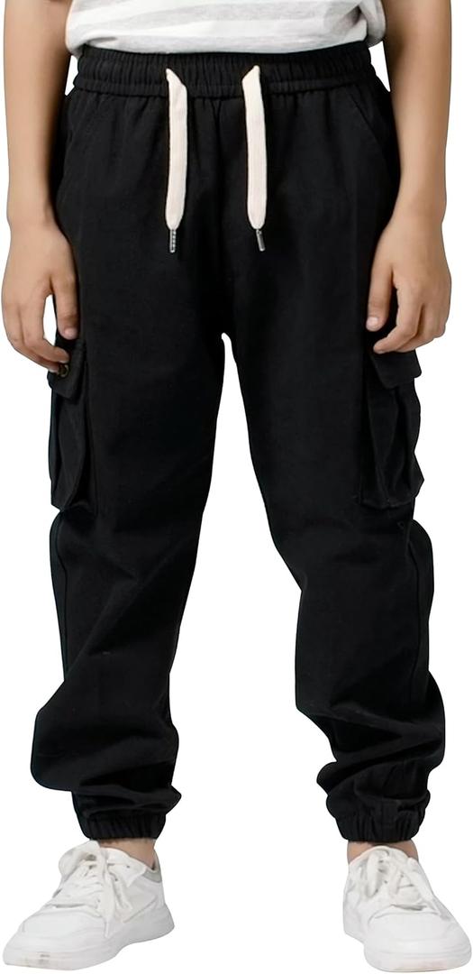TLAENSON Boys Twill Cargo Pants Kids Drawstring Elastic Waist School Uniform Youth Joggers (14-16 Years, Black)