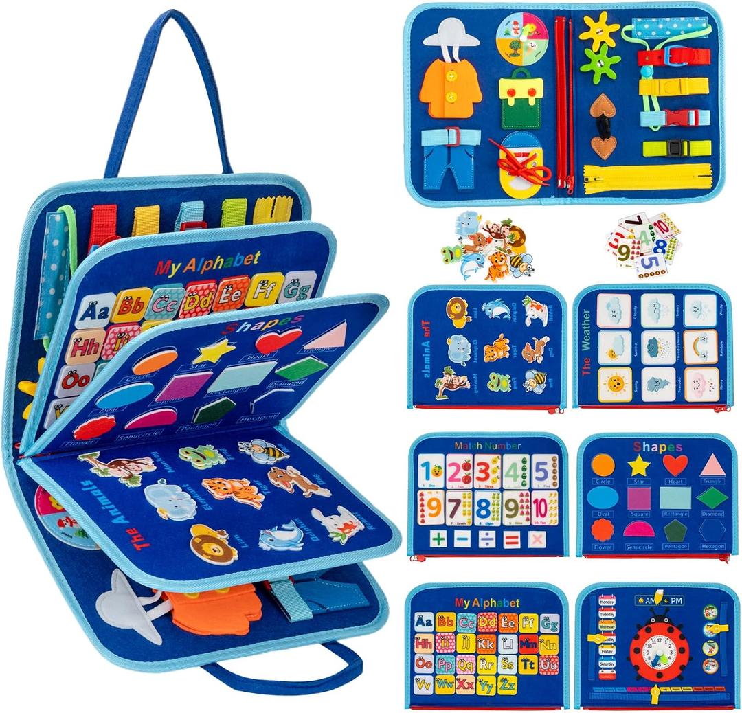 Toddler Busy Board Montessori Toys for 3 4 5 6Year Old, Preschool Learning Activities with Life Skills,ABC,123,Shape,Color,Animal,Weather,Toddler Travel Toys Educational Activity Developing Sensory (Blue)