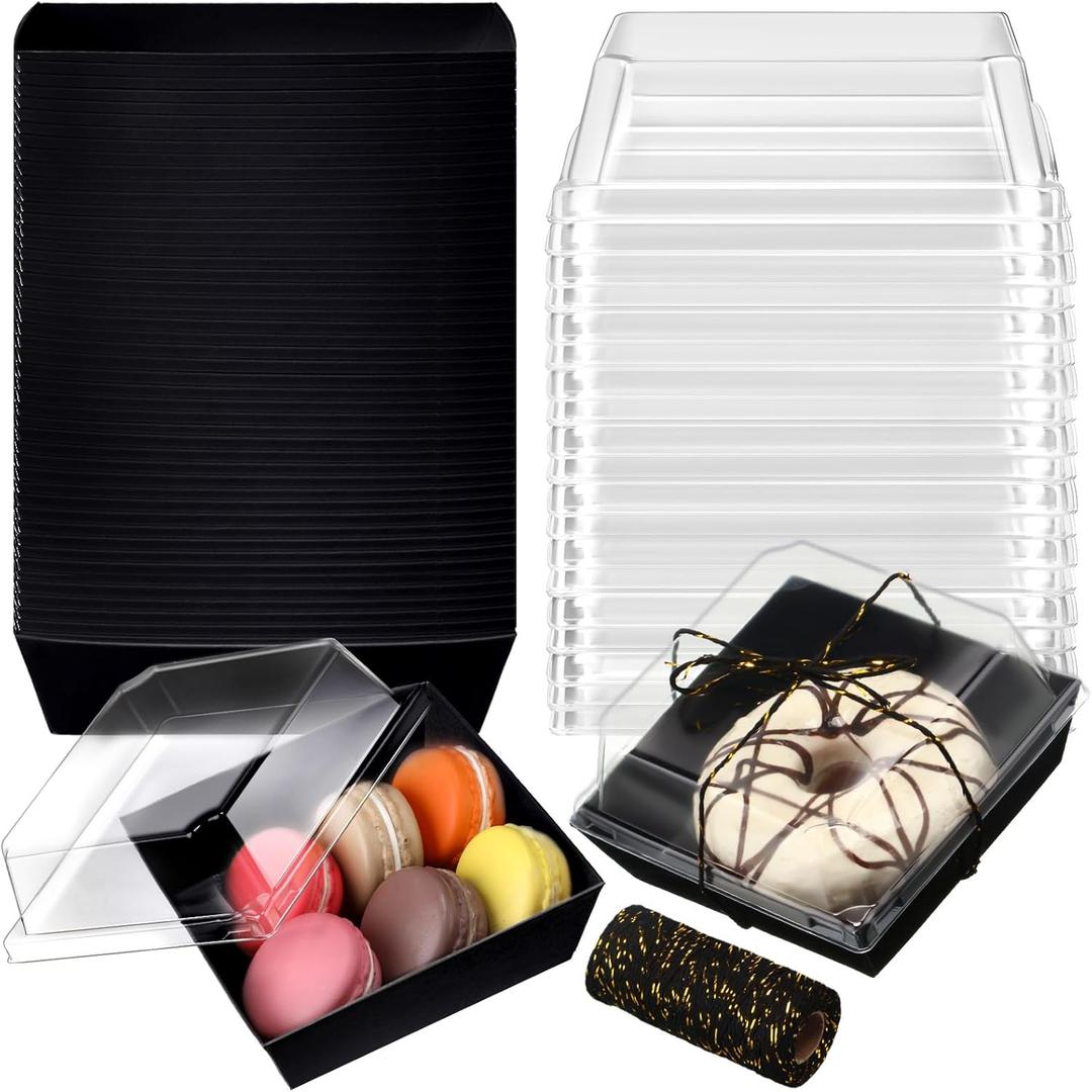 Jetec 150 Pack Charcuterie Boxes with Clear Lids and Rope 4 Inches Cake Disposable Square Dessert Food Box Containers with Lids for Bakery Macaron Cookies Strawberries Fruits Display (Black)