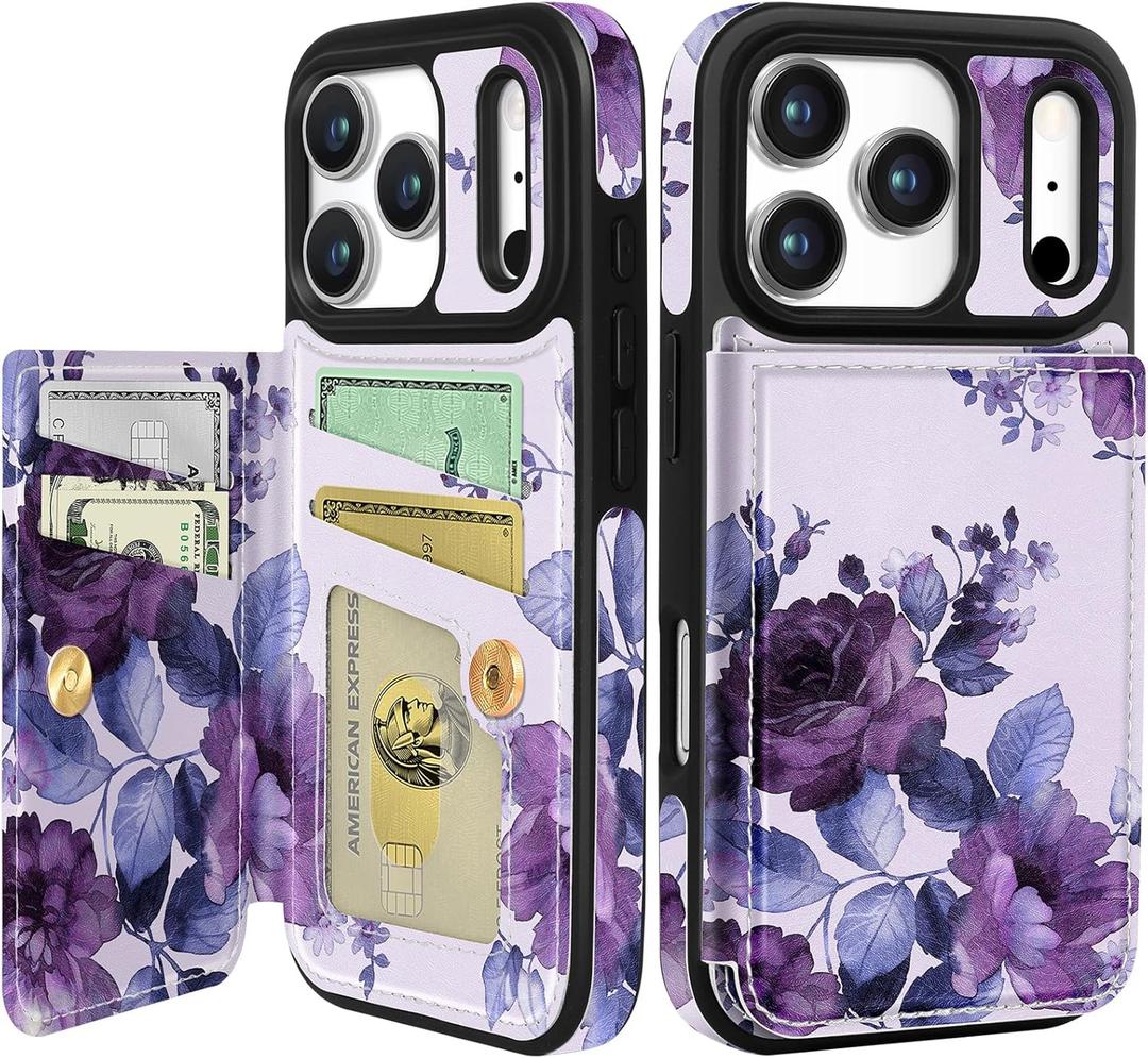 Shorogyt Compatible with iPhone 17 Pro Max Wallet Case with Card Holder - Cute Purple Flower Design Kickstand for Magnetic Clasp Back Flip Folio Leather Phone Covers for Women Men Girls