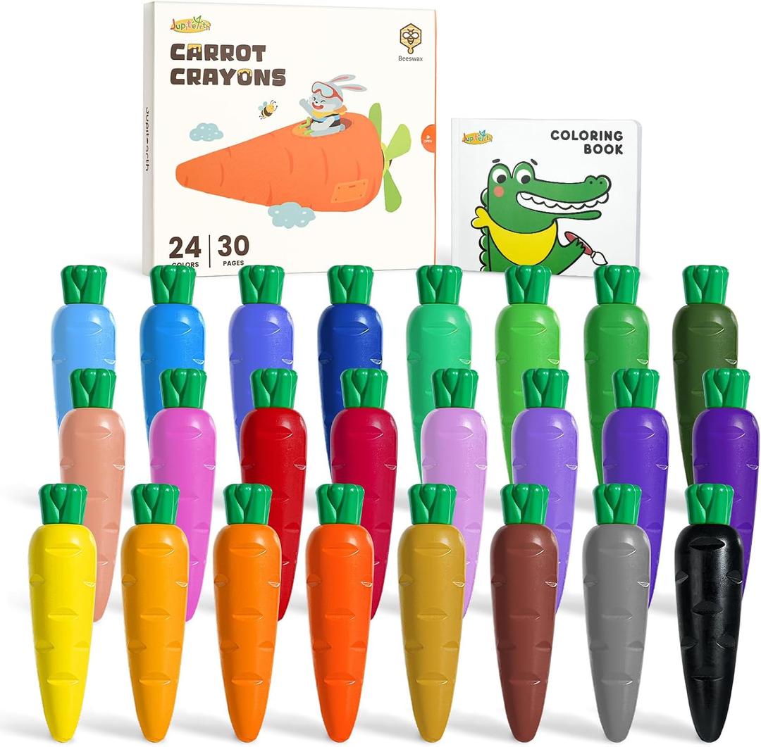 JUPITEARTH Carrot Crayons for Kids 24 Colors, Non Toxic Beeswax Crayons for Toddlers 1-3 with 30-Page Coloring Book & Stickers & 120 PDF Pages, Mess-Free Coloring for Kids Art Supplies Gift