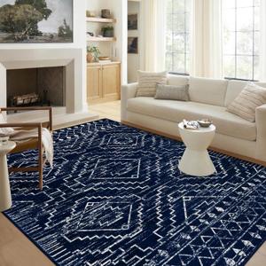 Wonnitar Moroccan Washable 9x12 Rug, Large Blue Rugs for Bedroom, Non-Slip Soft Living Room Area Rug, Boho Non-Shedding Ultra-Thin Floor Carpet for Dining Guest Room Home Office (Blue,9'x12')