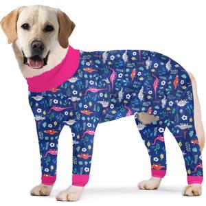 Dinosaur Printed Long Sleeve Recovery Shirts Soft Pajamas Onesie Jumpsuit Prevent Licking Shedding Suit for Large Dogs (Navy, Large)