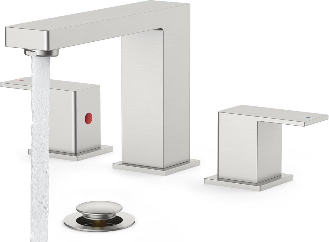 FORIOUS Brushed Nickel Bathroom Faucets 3 Hole, Stainless Steel 2 Handle Square 8 in Widespread Bathroom Sink Faucet Brushed Nickel 3 Hole with Metal Pop Up Drain, CUPC Water Hoses