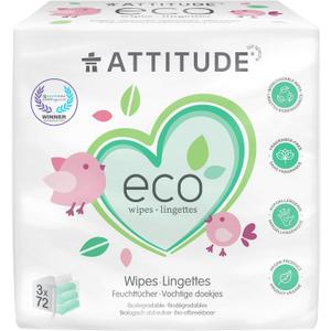 ATTITUDE Biodegradable Baby Wipes, Plant Based Unscented Diaper Wipes for Babies and Newborn, Dermatologically Tested, Vegan, 72 Count (Pack of 3)