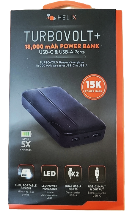 Helix TurboVolt+ 18,000 mAh Power Bank with USB-C and USB-A Ports - Black
