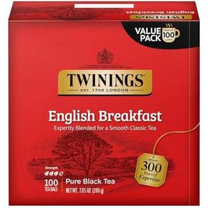 Twinings English Breakfast Black Tea Individually Wrapped Bags, 100 Count (Pack of 1), Smooth, Flavourful, and Robust, Caffeinated, Enjoy Hot or Iced, 100 Teabags