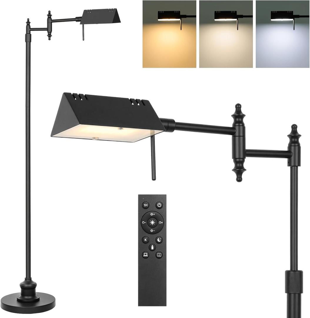 Bairth Dimmable Pharmacy Floor Lamp with Remote, 17W LED Reading Floor Lamp with 360Swing Arm, 3 Color Temperature, Height Adjustable Black Standing Task Lamp for Living Room, Bedroom, Black