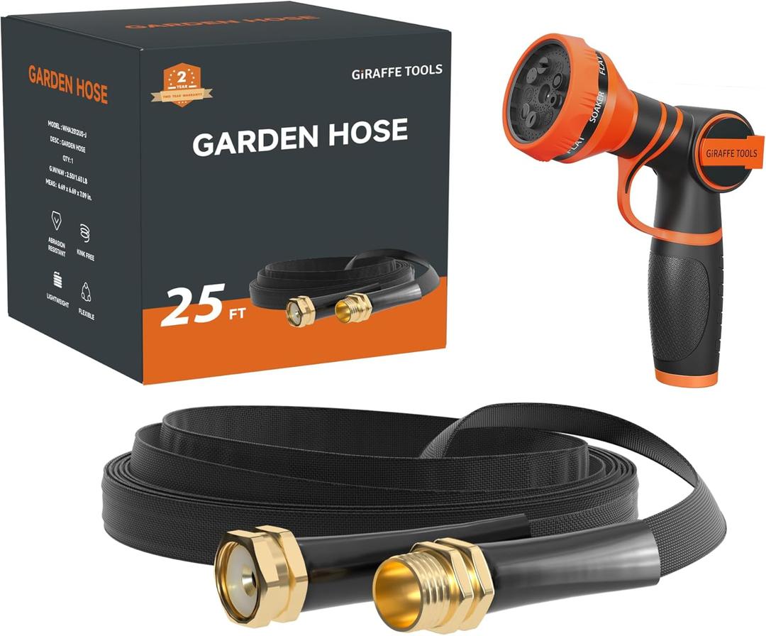 Giraffe Tools Garden Hose 25FT Lightweight Lay Flat Water Hose Kink Free Flexible Hose with 9 Spray Function Nozzle（Black）