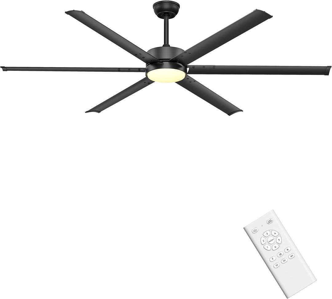 Ohniyou 72 Inch Large Industrial Ceiling Fan with Lights Remote Control, Black Big Ceiling Fan with 6 Metal Blades, 6-speed Quiet DC Motor for Outdoor Patios Shop Living Room Garage