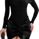 Ekaliy Women's Sexy Long Sleeve Mini Dress Elegant Crew Neck Twist Waist Ruched Bodycon Cocktail Party Short Dresses (Black, S)