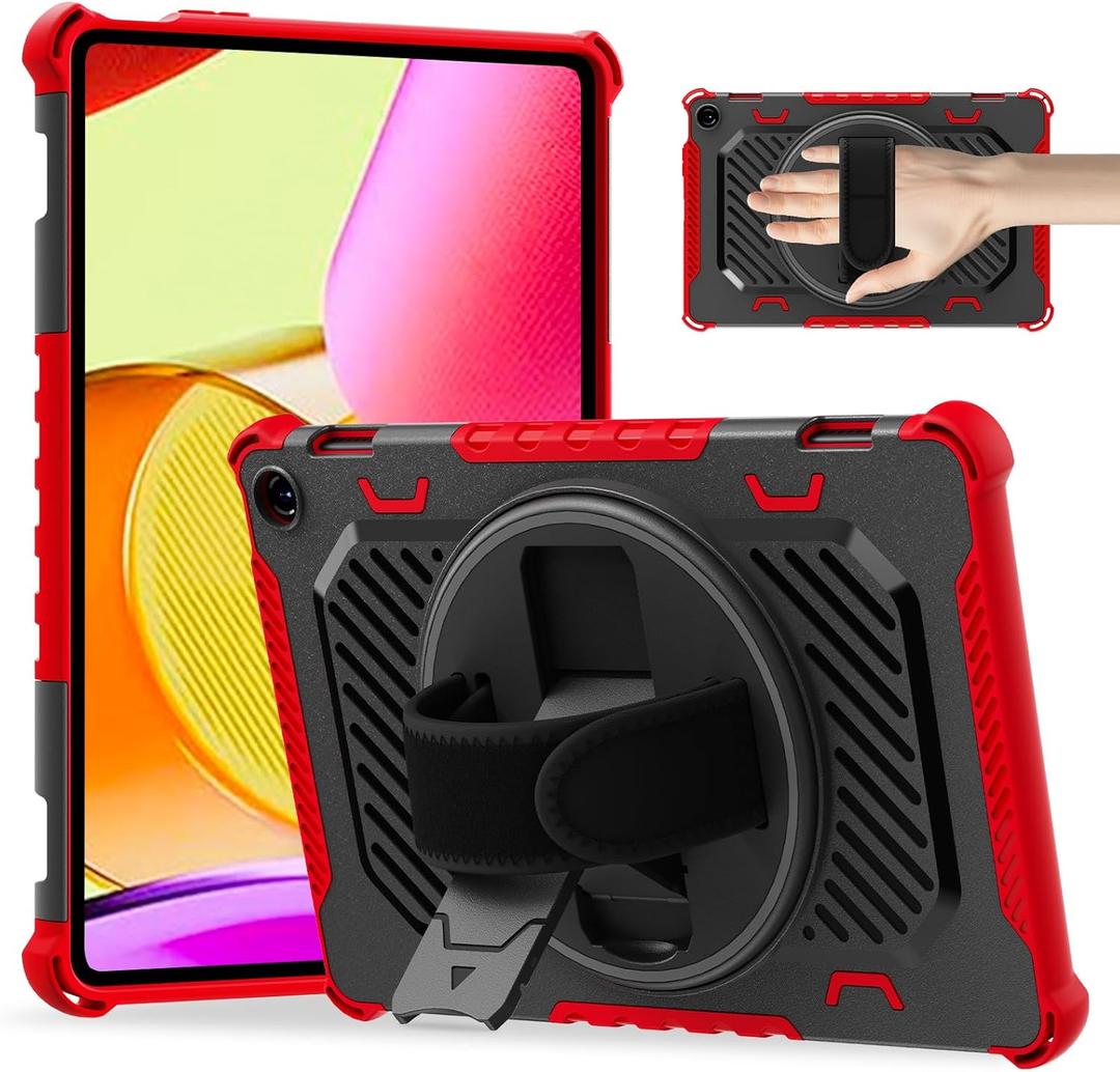 ROISKIN 360 Rotating Kickstand Hand Strap Case for 2023 Release Tablet Flre Max 11 Case 13th Generation for Kids,Also for iPhone Nokia Sony 11in (Black+Red)