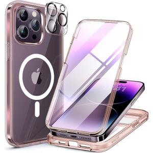 Miracase Magnetic for iPhone 14 Pro Case 6.1 inch, (Compatible with MagSafe) Upgrade Full-Body Clear Phone Bumper Case with Built-in 9H Tempered Glass Screen Protector, Magnetic Clear Pink