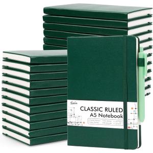 feela 24 Pack Journal Notebook for Work, Business Notebook Bulk Hardcover Lined Writing Journal with Pen Holder for Men Women Note Taking, with 24 Black Pens, 120 GSM, 5.1x8.3, A5, Dark Green