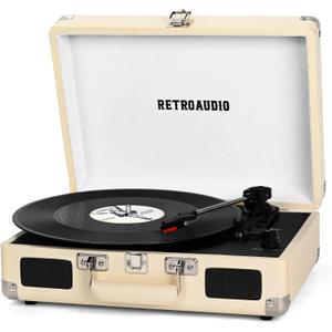 Vinyl Record Player with Built-in Speakers 3-Speed Vintage Record Player Bluetooth Portable Suitcase Turntable Belt-Driven LP Player Support RCA Output and Headphone Output (Creamy White)