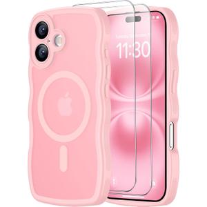 SPIDERCASE Magnetic for iPhone 16 Case, [Curly Wave Edge] with [2 Tempered Glass Screen Protector] [Full Camera Protection] Anti-Fingerprint Anti-Scratch Case for iPhone 16 6.1, Pink