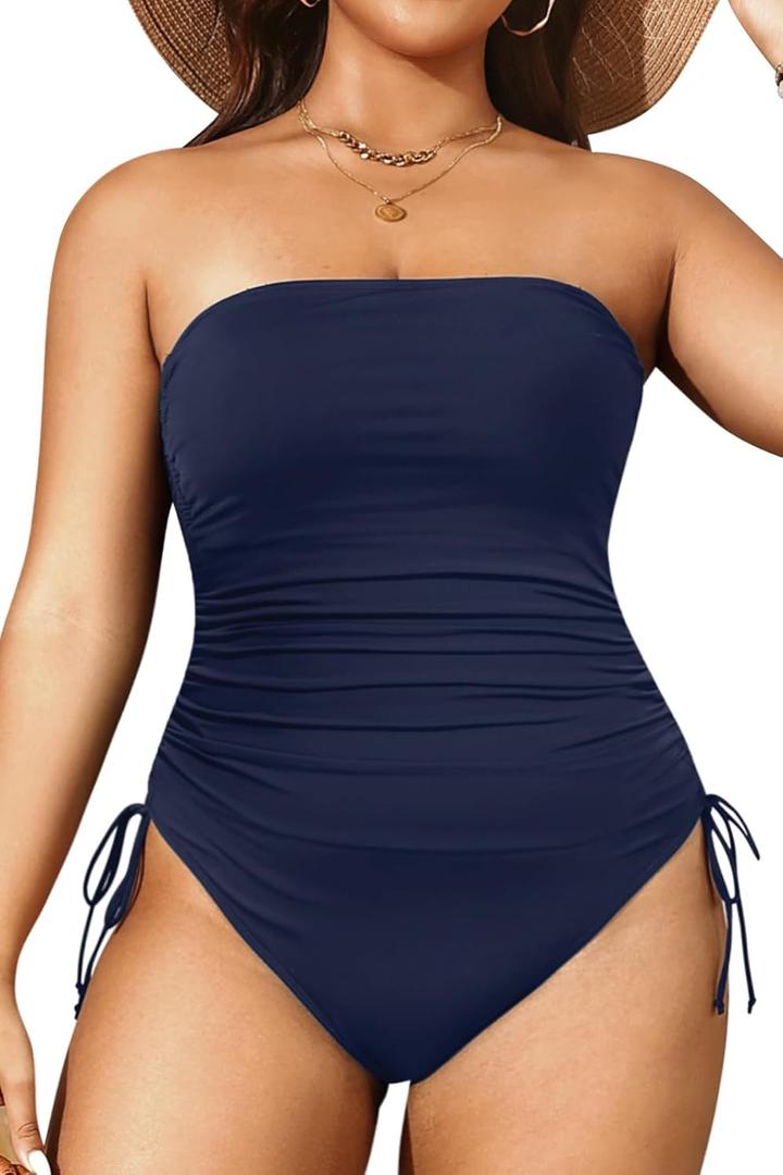 Yonique Women Strapless One Piece Swimsuit Tummy Control Bandeau Bathing Suit Cheeky Swimwear (22 Plus, Navy Blue)