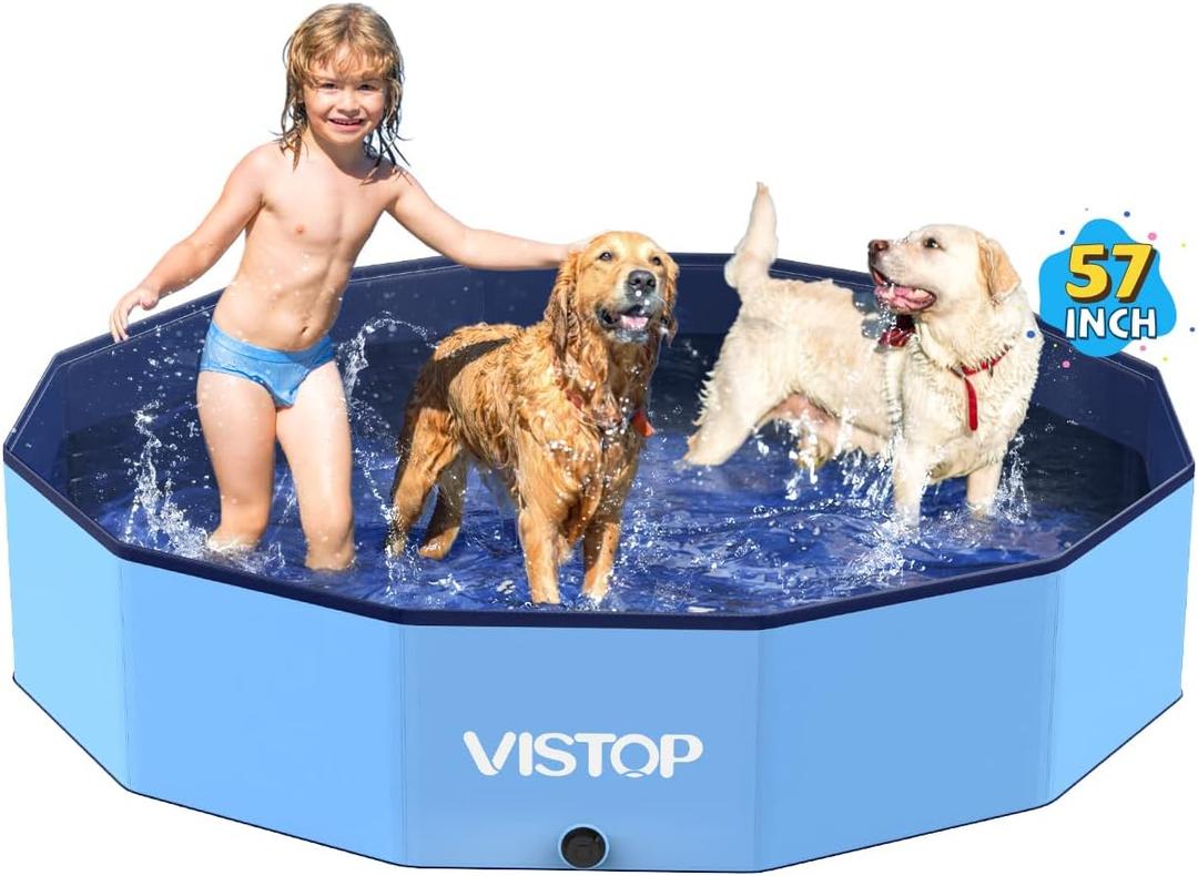 VISTOP Large Foldable Dog Pool, Hard Plastic Shell Portable Swimming Pool for Dogs Cats and Kids Pet Puppy Bathing Tub Collapsible Kiddie Pool (57inch.D x 11.8inch.H, Blue)