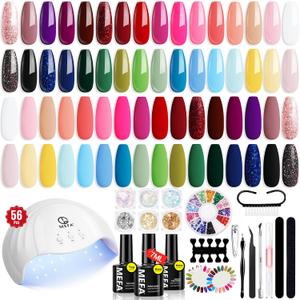 MEFA 54 Pcs Gel Nail Polish Kit with U V Light, 32 Colors Hot Pink Colorful Gel Nail Kit Glitter nail Polish Set Nail Art Decorations Manicure Tools DIY Gifts (2-C Spring Summer Salon Gel Nail Kit)