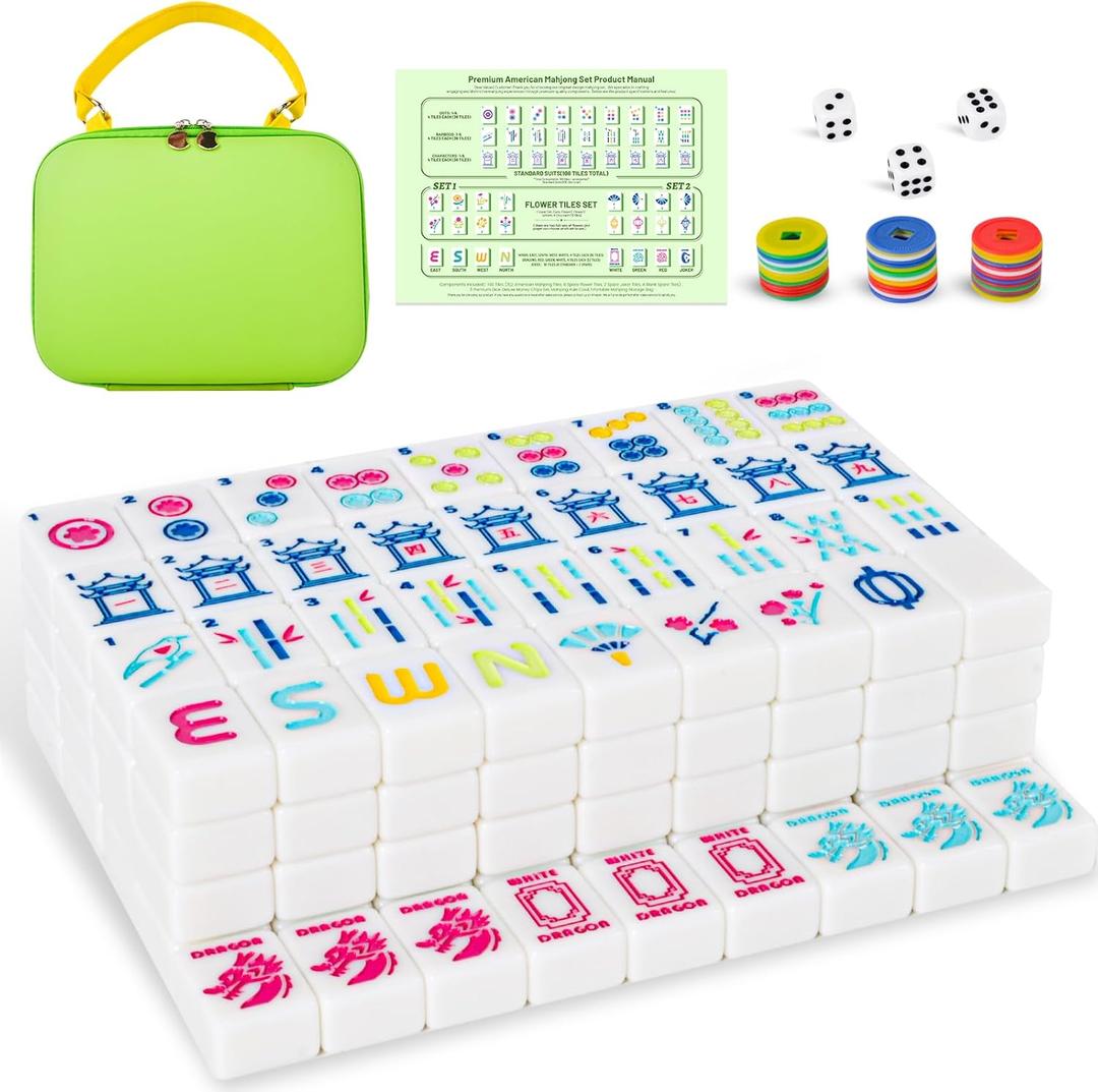 American Mahjong Tiles (1.2 Tiles Only), 166 Quality White Engraved Tiles, 1.2 inch Mahjong Tiles Set with Carrying Bag/Dice/Chips, Creative Design Patterns, Ideal Mahjong Gifts (No Rack)