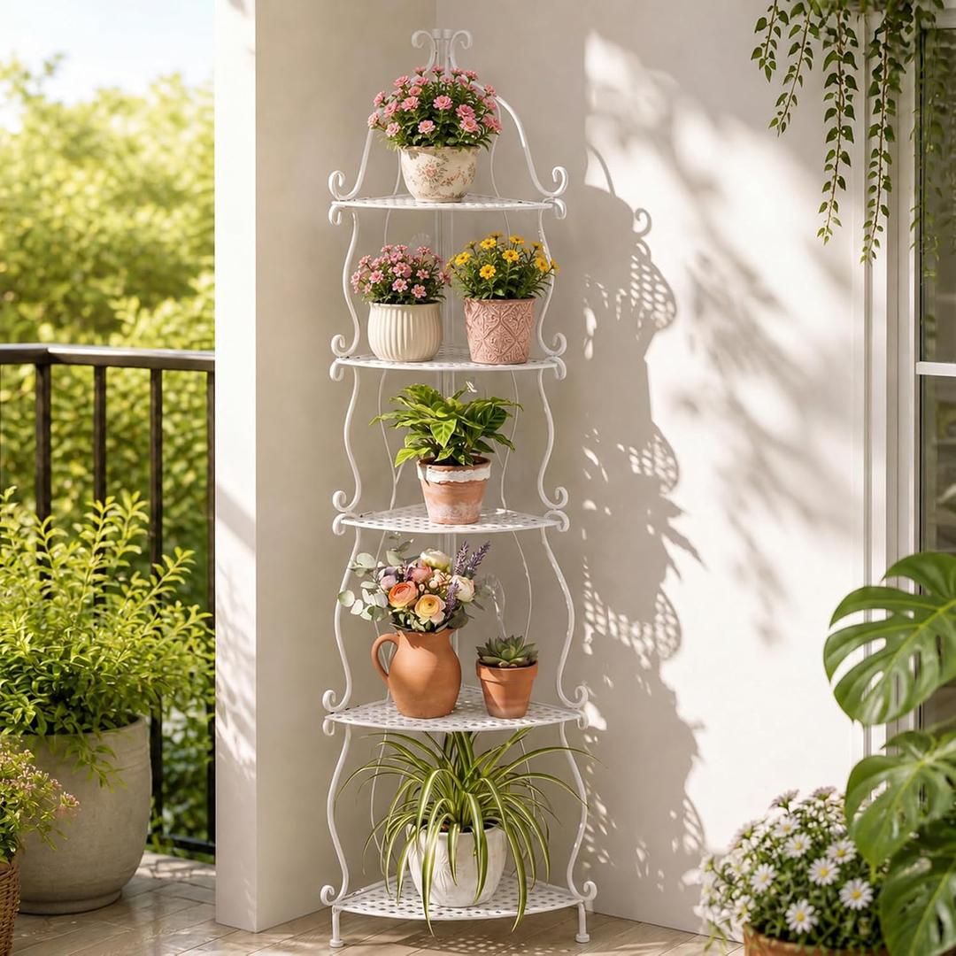 Gisafai 5 Tier White Outdoor Corner Plant Stand, 53.5 x 11.8 x 11.8 inches