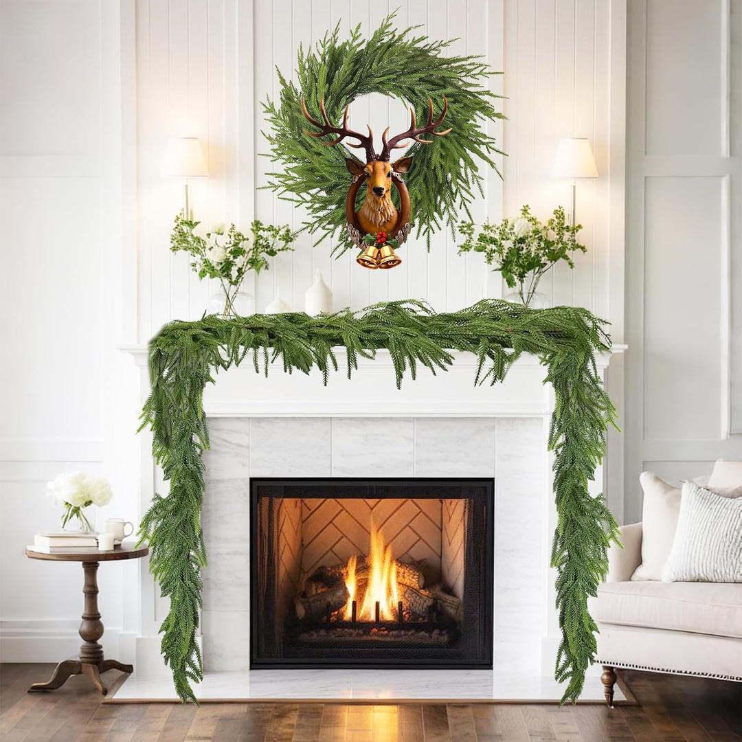 2 Pack 6FT Artificial Norfolk Pine Garland  Real Touch Winter Greenery Garland for Christmas Decorations, Indoor Outdoor Mantel Table Wall Fireplace Dcor, Flexible Holiday Faux Pine Vines