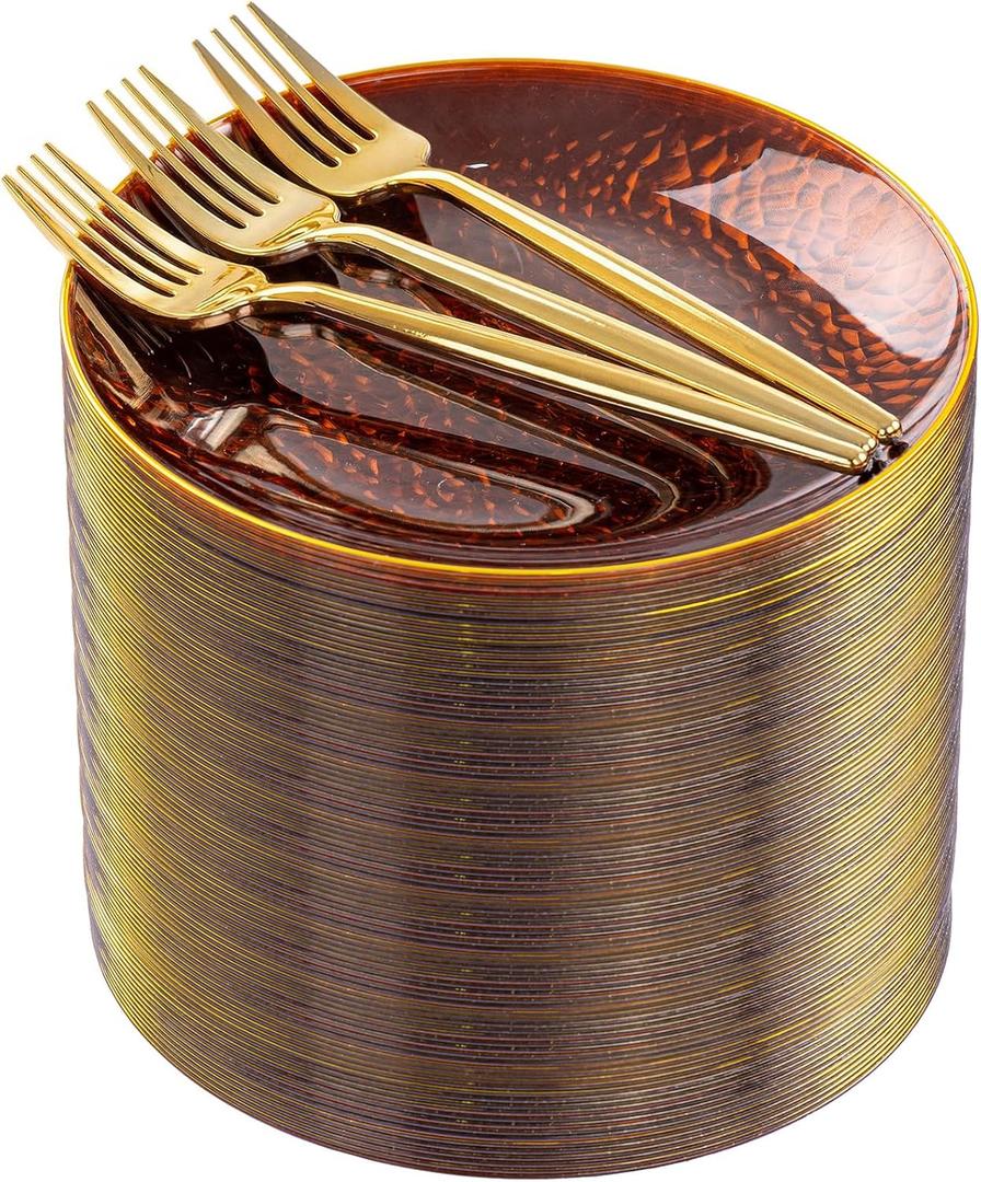 Rubtlamp 200Pcs Brown Plastic Dessert Plates with Gold Rim, 6inch Fancy Amber Plastic Plates Include 100 Hammered Appetizer Plates and 100 Disposable Gold Forks for Party Wedding Birthday