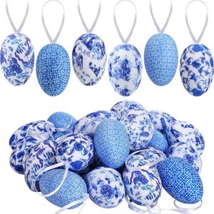 Wenqik 24 Pcs Easter Hanging Egg Chinoiserie Blue and White Floral Foam Porcelain Easter Egg Bulk for Tree Ornament for Basket Bowl Vase Filler Home Spring Party Decoration 1.57 x 2.36 in