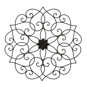 Glitzhome Black Metal Wall Art Decor, 23”H Floral Iron Wall Decor with Ornamental Scroll Design, Indoor Outdoor Wall Accent for Garden Porch Patio