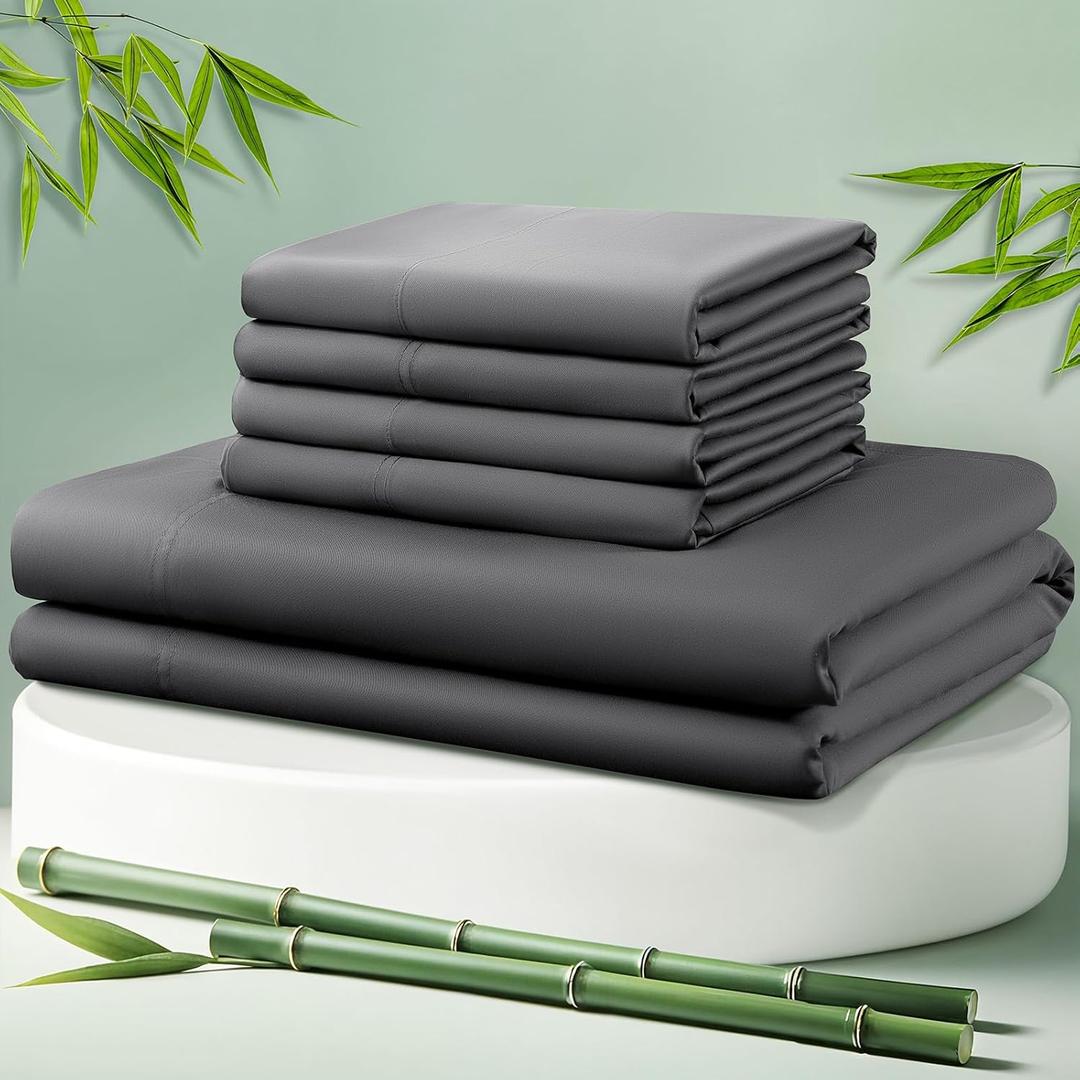 LBRO2M Cooling Bed Sheet 100% Viscose Derived from Bamboo Sheet Set Queen Size 6 Piece,16" Deep Pocket, 1800 TC Sheet Super Soft Silky Smooth,Breathable Cool (Queen Dark Gray)